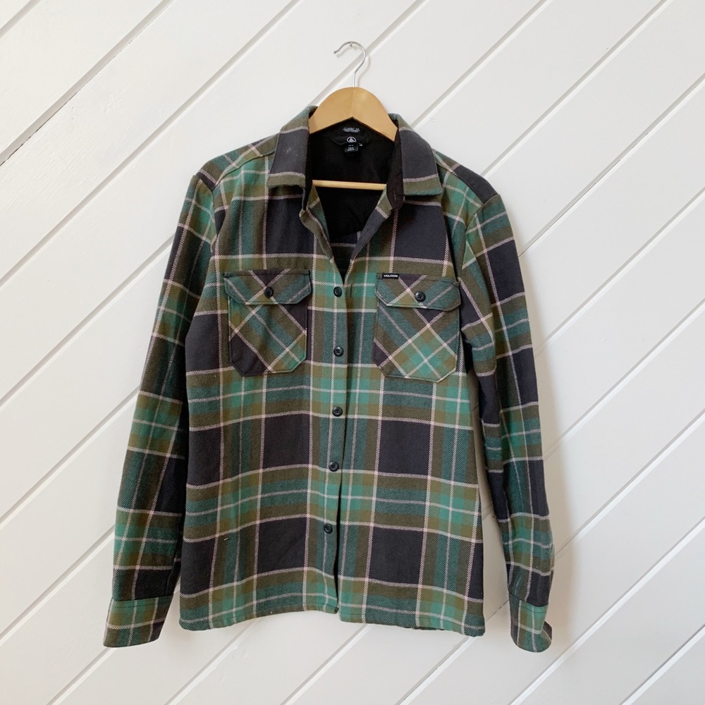 VOLCOM plaid work shirt, ocean & olive, M